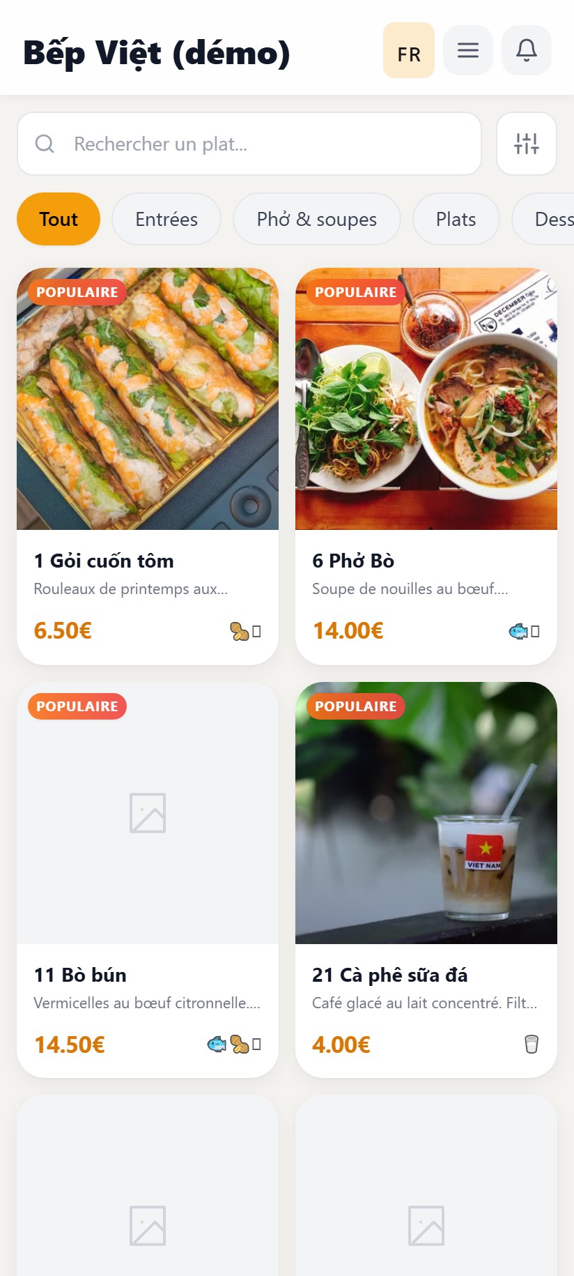 La carte du restaurant de démonstration, en français