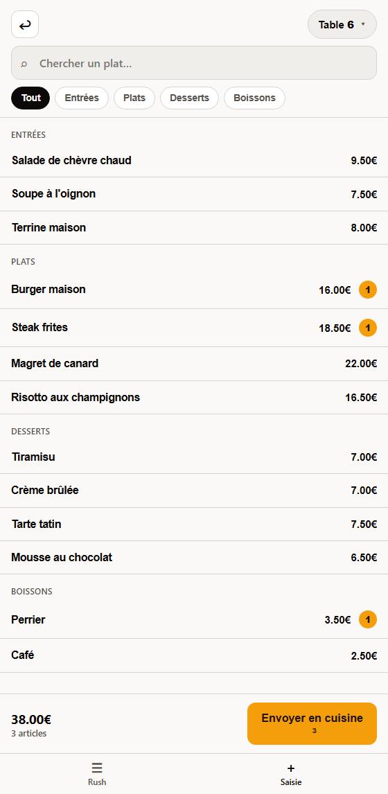 La prise de commande au comptoir : la carte, le total et le bouton d'envoi
